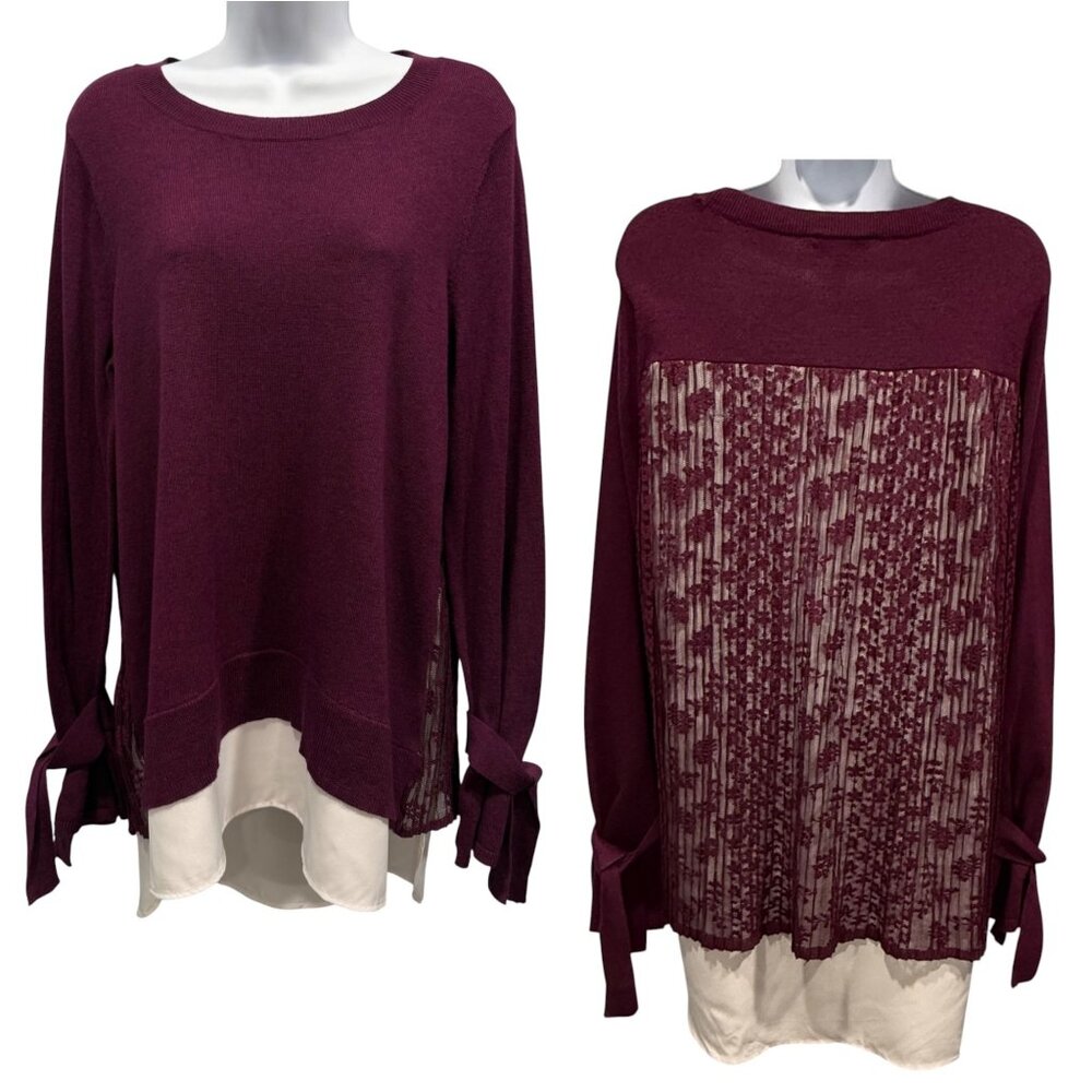 Simply Vera Back Lace Overlay Sweater Mock-Layer Tie Cuffs Plum Cream‎ Womens M